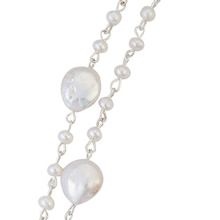 2-layer Pearls and Steel 18” Necklace- ENGRAVED Delta symbols - stainless  steel, silver medallion - stainless steel links- string of pearls