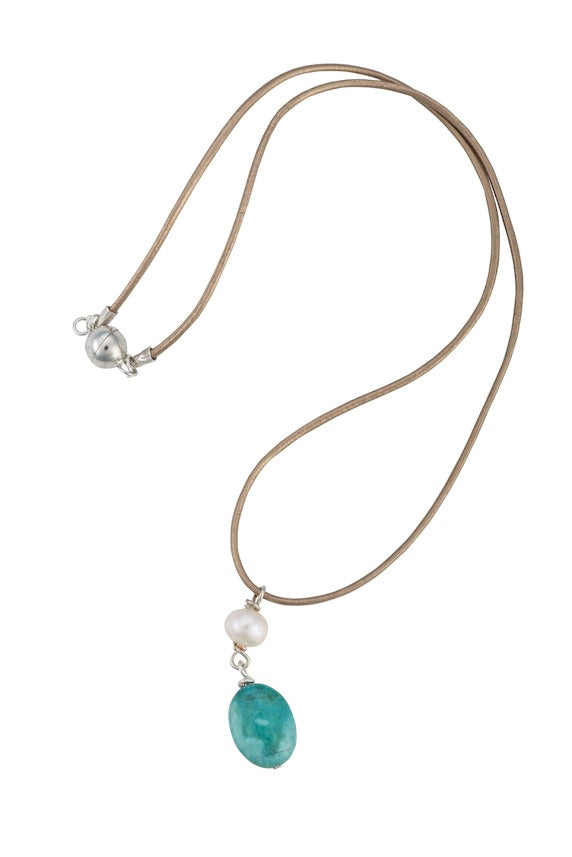 Leather, turquoise, and pearl necklace